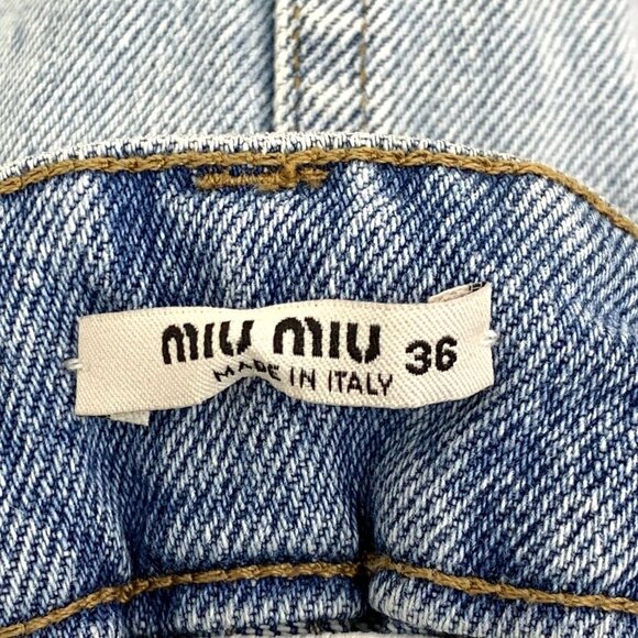Miu Miu Blue Denim Skirt With Frayed Hem & Logo Pocket Size 36 XS 100% Cotton Ma - Picture 2 of 8